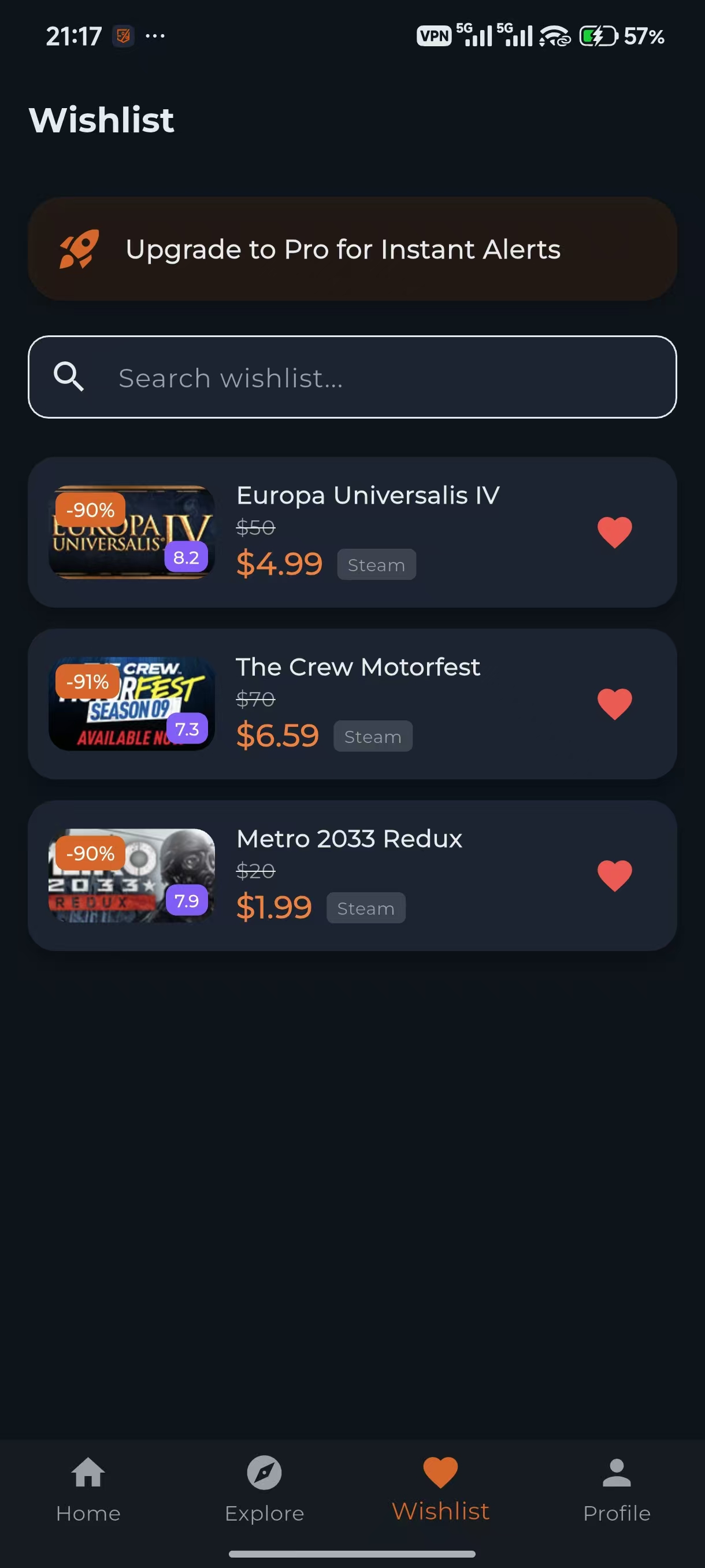 Wishlist tracking screenshot